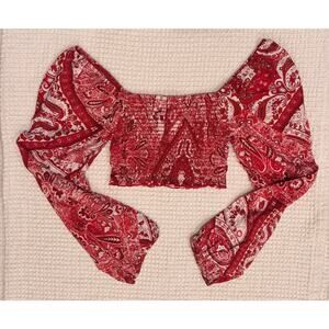 Shore Red Paisley Smocked Long Sleeve Crop Top Size S